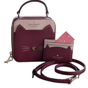 NWT Kate Spade ♠️ BURGUNDY Meow Cat Daisy Vanity Crossbody BAG & cardholder SET